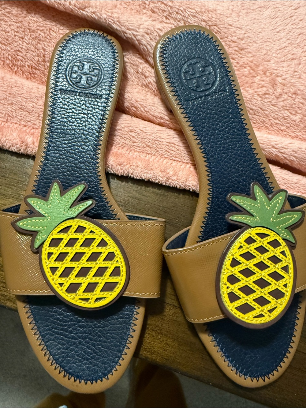 Tory Burch Leather Pineapple Slide Sandals - Brown/Yellow/Green/Navy